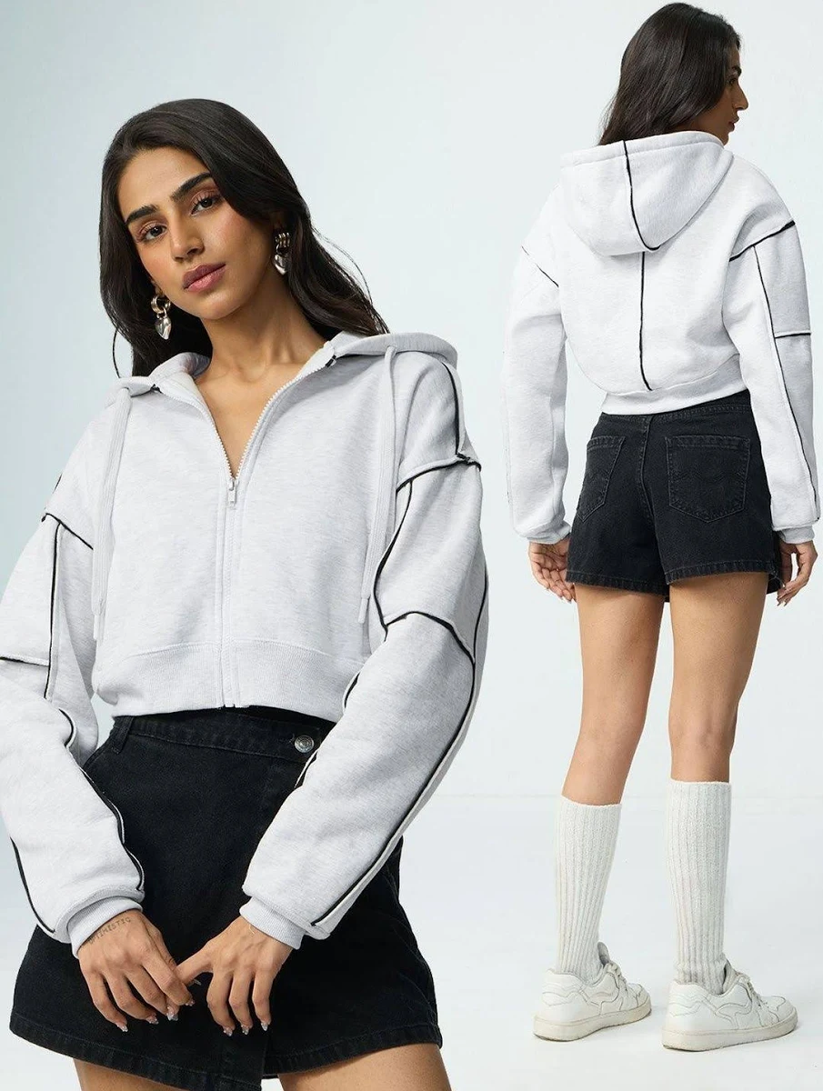 Women’s Grey Cropped Zip Hoodie with Contrast Stitch